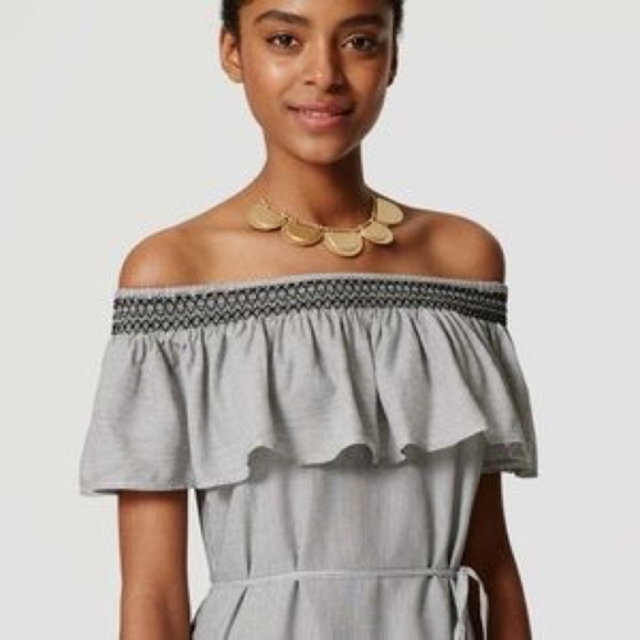 Loft OUTLET Micro Striped Off the Shoulder Dress - Picture 2 of 8